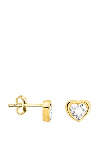 Orecchini a bottone a forma di cuore in oro con inserimenti di cristallo trasparente. Metallo liscio e lucido e un design classico adatto a varie occasioni.
