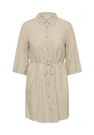 Beige-weiß gestreiftes Hemdblusenkleid mit vertikalen Streifen, 3/4-Ärmeln, Knopfleiste vorne, Kragen und einem Taillengürtel.