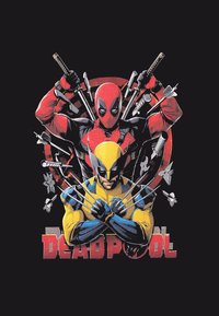 Grafika zobrazuje Deadpoola v červeném a černém kostýmu se meči, umístěného za Wolverinem v žluté a modré barvě, na černém pozadí.