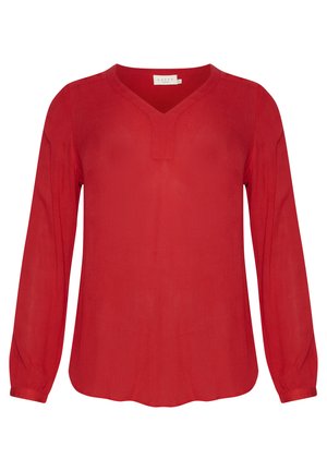 Rode blouse met lange mouwen van lichtgewicht stof met een V-hals en subtiele textuur. Afgeronde zoom en aangeknoopte mouwen zorgen voor extra detail.