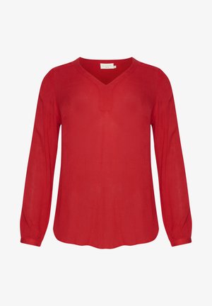 Czerwona bluzka z długim rękawem, wykonana z lekkiego materiału, z dekoltem w kształcie litery V i subtelną teksturą. Okrągły dół i bufiaste rękawy dodają uroku.