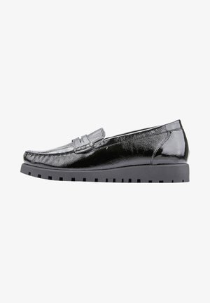 Black patent leather loafers with a slightly raised front, textured upper, and a rubber sole featuring a patterned tread for traction.