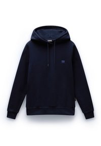 Sudadera con capucha azul marino hecha de tela suave. Cuenta con un bolsillo frontal, puños acanalados y un pequeño logotipo en el pecho.