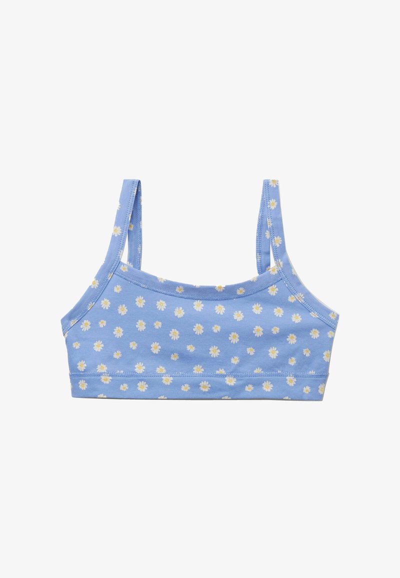 Bralette bleu clair avec imprimé marguerite blanche. Fabriqué en tissu doux, il présente des bretelles étroites et une coupe ajustée sans armature.