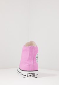 Růžová plátěná kotníková bota s bílým prošíváním, gumovou podrážkou, černými akcenty a nášivkou s logem Converse na vnější straně.