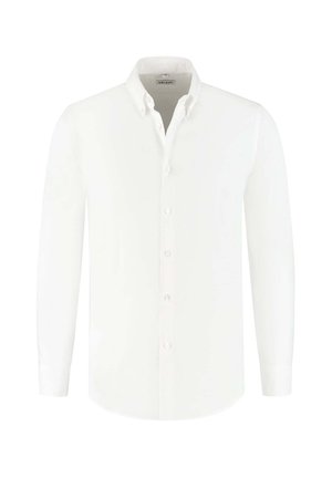 Witte langere mouwen knoopsluiting overhemd met kraag, zes zichtbare knopen en met knopen dichtgeknoopte manchetten, getoond tegen een effen achtergrond.