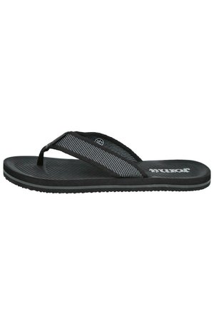 Chancla tipo flip-flop a rayas negras y grises con suela texturizada y tiras de tela, vista desde un lado sobre fondo blanco.