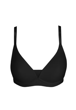Czarny stanik w kształcie trójkąta z regulowanymi cienkimi ramiączkami, wykonany z gładkiego materiału. Posiada wkładki w miseczkach oraz bezszwowy design dla wygody.