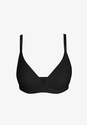 Czarny stanik w kształcie trójkąta z regulowanymi cienkimi ramiączkami, wykonany z gładkiego materiału. Posiada wkładki w miseczkach oraz bezszwowy design dla wygody.