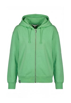 Felpa con cappuccio verde chiaro con cerniera frontale, cappuccio con coulisse regolabile, polsini a coste e fascia in vita.