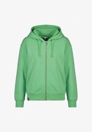 Sweat à capuche zippé vert clair avec fermeture éclair frontale, capuche ajustable avec cordon de serrage, poignets et taille côtelés.