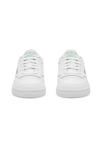 Valge paar Reebok'i tennisetossusid rohelise logoga keelel ja valgete lipsudega, vaadatuna eestpoolt valgel taustal.