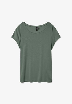 Korte mouwen, t-shirt met een ronde hals in gedempt groen, gemaakt van zachte stof, met een relaxte pasvorm en een gladde textuur, zonder zichtbare patronen of accenten.