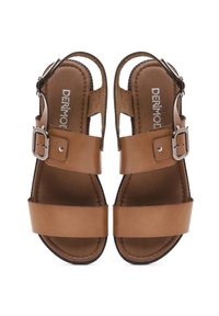 Brown leather sandals featuring an open toe, adjustable buckle, and twin straps. Smooth texture with a flat sole. Brand name visible inside.