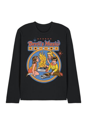 Black long-sleeve shirt with retro illustration of three children around a flaming record player and text "Devil's Music Sing-Along!"