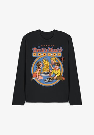 Schwarzes Langarmshirt mit retro Illustration von drei Kindern um einen brennenden Plattenspieler und dem Text "Devil's Music Sing-Along!"