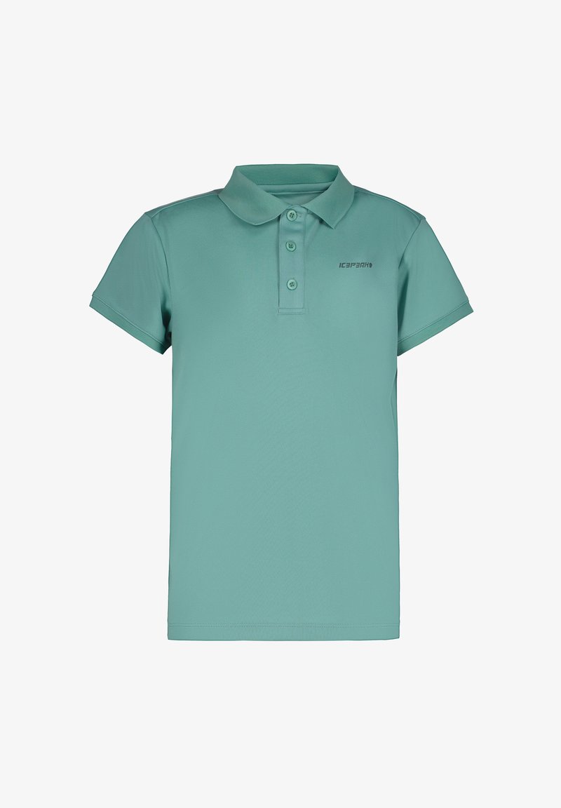 Turkos polo skjorta i mjukt, andningsbart tyg. Har en placket med tre knappar och en subtil logotyp på vänster bröst. Kort ärm.