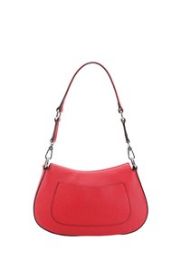 Red leather shoulder bag with a curved shape, textured surface, and a front pocket. Features silver-tone hardware and a detachable strap.