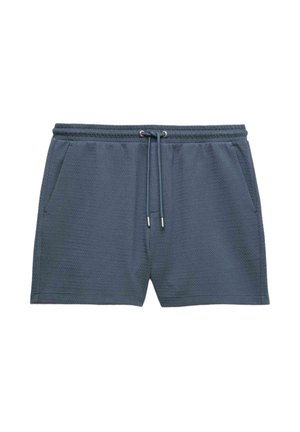Dark gray textured fabric shorts with elastic waistband, front pockets, and drawstring closure with metal tips.