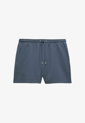 Dunkelgraue Shorts aus strukturiertem Stoff mit elastischem Bund, Fronttaschen und Tunnelzug mit Metallenden.