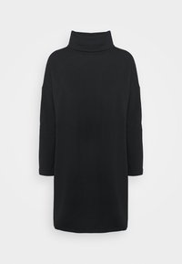 Robe-pull noire à manches longues et col roulé, coupe décontractée avec ourlet droit sur fond uni clair.