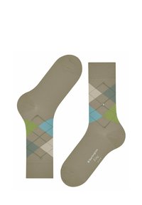 Beżowe skarpetki z wzorem argyle w jasnym niebieskim, zielonym i kremowym kolorze, o gładkiej teksturze i logo w okolicy palców.