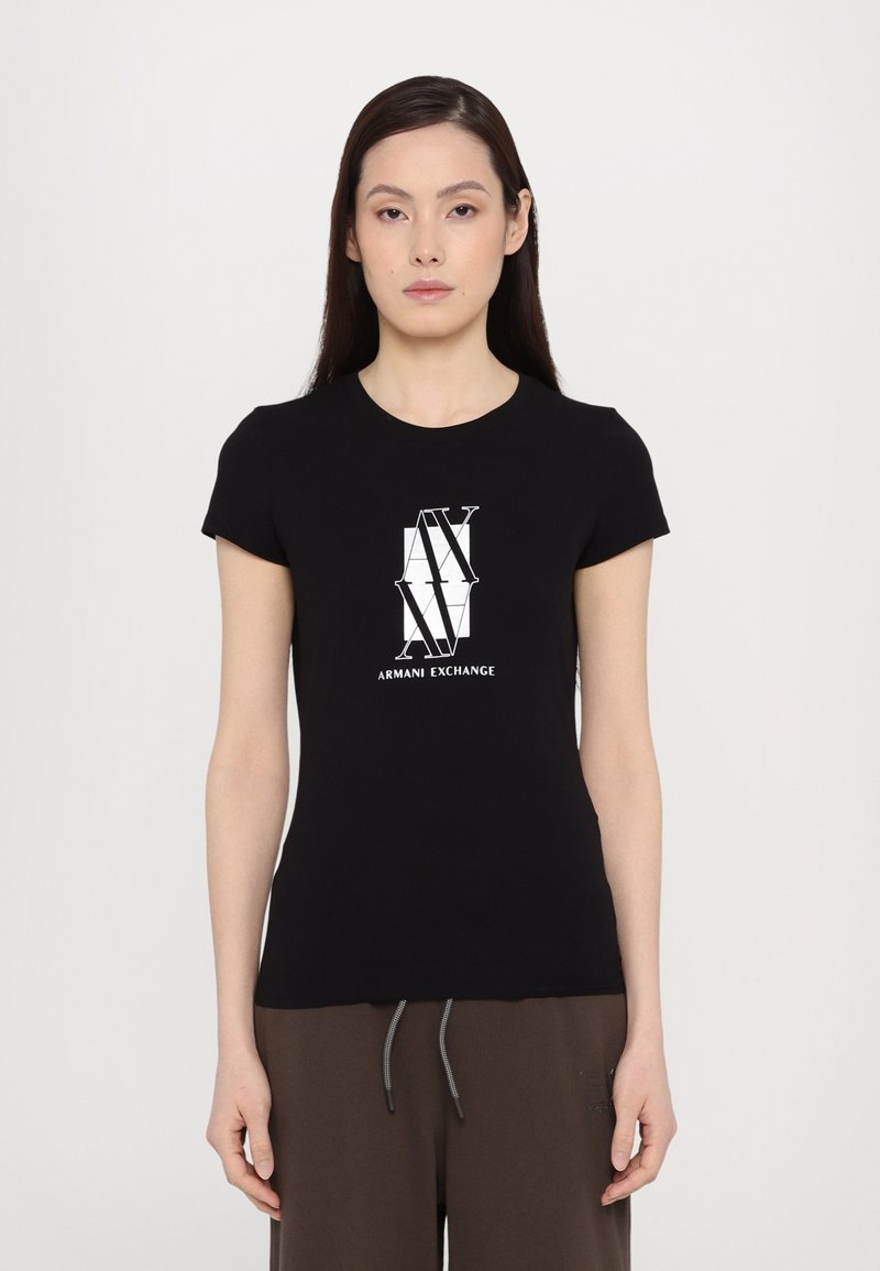 Svart bomull t-skjorte med korte ermer, med et hvitt grafisk logo "AX" og "ARMANI EXCHANGE" i midten. Glatt tekstur.