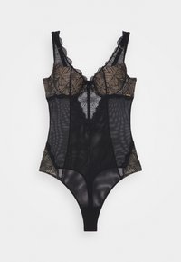Bodysuit preto com rede transparente, detalhes em renda, padrões florais intrincados, alças ajustáveis e um decote em V com um detalhe em laço.