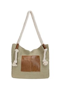 Torba na zakupy z płótna w kolorze zielonym z brązowymi skórzanymi akcentami, linowymi uchwytami i skórzaną naszywką. Charakteryzuje się teksturowanym materiałem i dekoracyjnymi frędzlami.