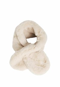Sciarpa in pelliccia sintetica beige, con texture morbida, design attorcigliato, dotata di un anello continuo per una facile vestibilità, senza hardware o dettagli aggiuntivi visibili.