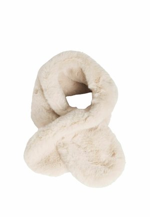 Sciarpa in pelliccia sintetica beige, con texture morbida, design attorcigliato, dotata di un anello continuo per una facile vestibilità, senza hardware o dettagli aggiuntivi visibili.