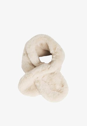 Sciarpa in pelliccia sintetica beige, con texture morbida, design attorcigliato, dotata di un anello continuo per una facile vestibilità, senza hardware o dettagli aggiuntivi visibili.