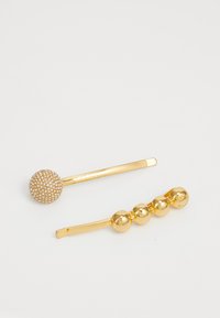 Two gold hairpins, one with a round cluster of small crystals, the other with four smooth gold beads in a row.
