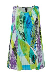 Kleurige mouwloze tuniek met een mix van groene, blauwe en paarse abstracte patronen. Gemaakt van lichte, gestructureerde stof met een vloeiende snit.