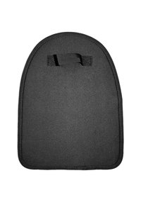 Svart skyddande fodral, oval form med slät yta, utrustad med ett robust bärhandtag och avslutade kanter. Enkel och funktionell design.