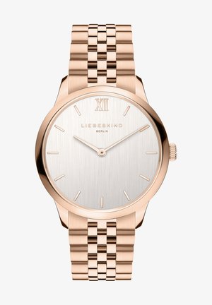 Rose guld metal ur med en sølv børstet urskive, romersk tal XII øverst og simple timemarkører. Har et link armbånd design.