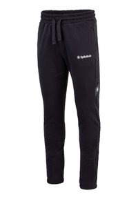 Schwarze Jogginghose mit einem Kordelzugbund, Seitentaschen und "Spitzbub"-Logo auf dem linken Oberschenkel. Hergestellt aus einem weichen, strukturierten Stoff.