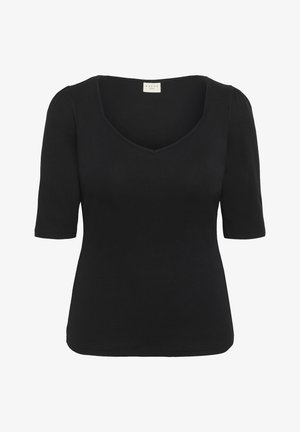 Musta neulepaita V-pääntiellä, lyhyillä puffihihnoilla ja tiukalla muotoilulla. Suora pinta ja yksinkertainen muotoilu ilman kuvioita tai koristeita.