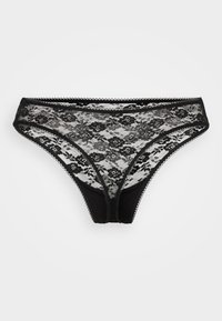 Schwarze Spitzenunterwäsche im Bikini-Stil mit floralem Muster und gewellten Rändern auf einem schlichten weißen Hintergrund.