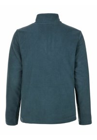 Fleecejacka, mörk teal färg, hög krage, långa ärmar, mjuk textur, ingen synlig branding eller mönster, rak nederkant.