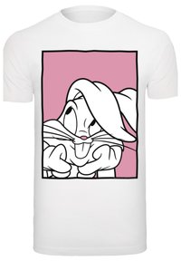 Hvit t-skjorte med et svart konturillustrasjon av en tegneseriekanin på en rosa bakgrunn, med store ører og et lekent uttrykk.