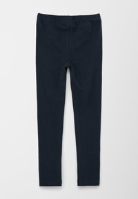 Marineblauwe leggings van rekbare katoen met een elastische tailleband, ontworpen voor comfort en flexibiliteit. Gladde textuur, volledige lengte dekking.