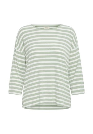 Light green and white horizontal striped long-sleeve shirt with a round neckline and relaxed fit.