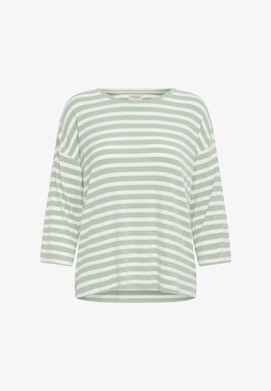 Cămașă cu mâneci lungi, cu dungi orizontale verde deschis și alb, cu decolteu rotund și croială lejeră.