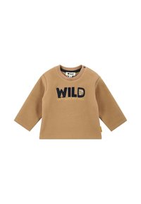 Dětské fleecové tričko s dlouhým rukávem v tan barvě s textem "WILD" a grafikou zvířecí tváře vpředu, kulatým výstřihem a knoflíky na rameni.