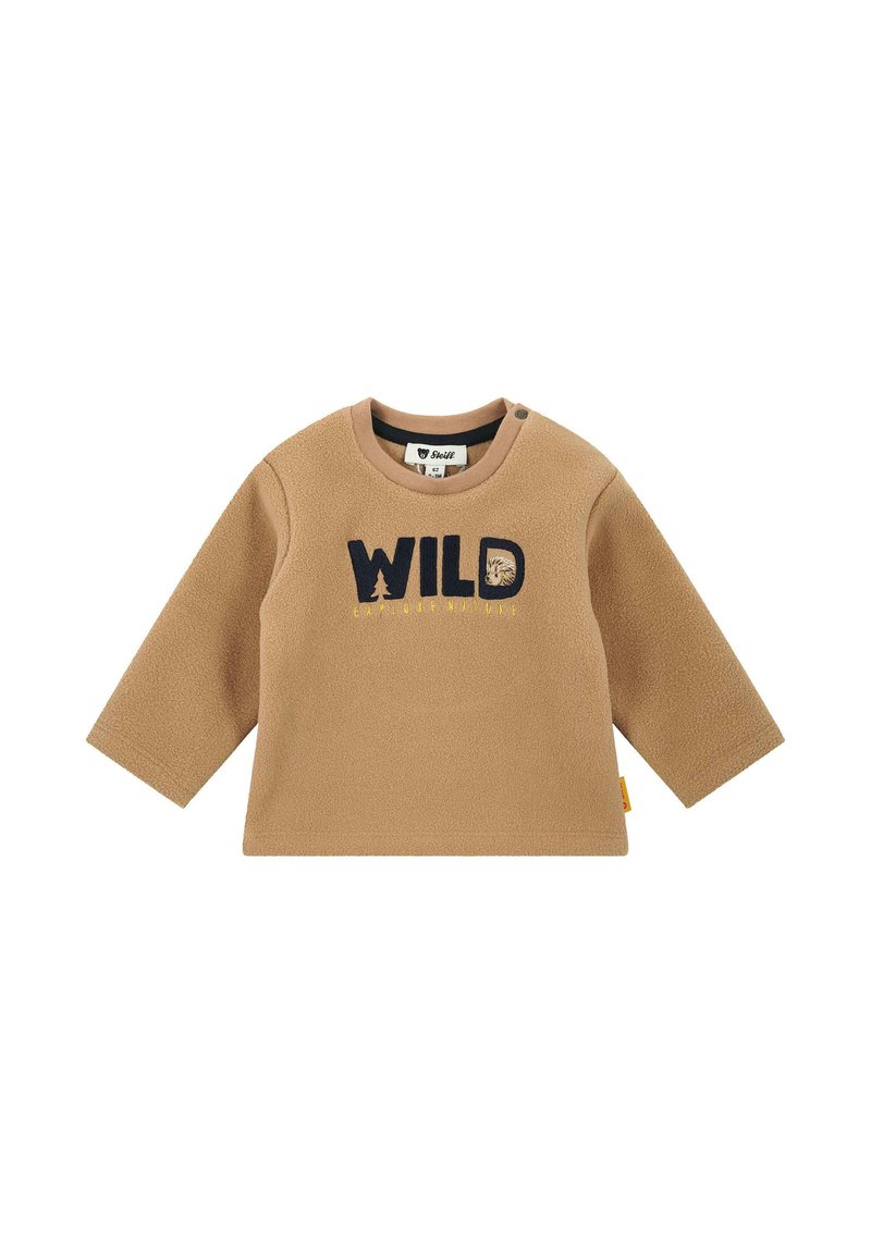 Dětské fleecové tričko s dlouhým rukávem v tan barvě s textem "WILD" a grafikou zvířecí tváře vpředu, kulatým výstřihem a knoflíky na rameni.