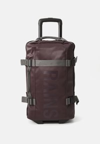 Maroon rolling backpack with gray accents, sturdy straps, large zippered compartment, and subtle branding. Durable, water-resistant material.