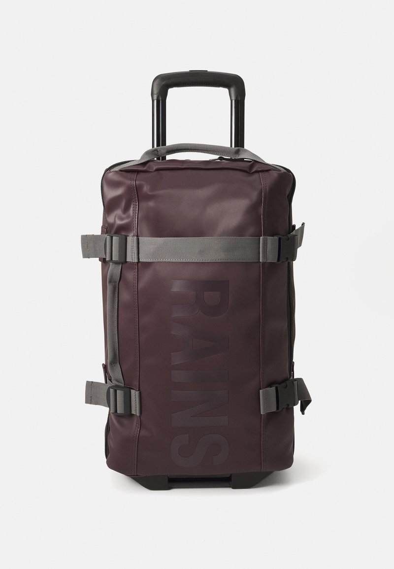 Maroon rolling backpack with gray accents, sturdy straps, large zippered compartment, and subtle branding. Durable, water-resistant material.