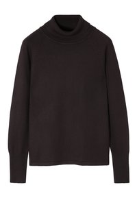 Donkerbruin gebreid sweater met een hoge geribbelde kraag, raglanmouwen en geribbelde manchetten. Gladde textuur, eenvoudig ontwerp, geen patronen of accenten.