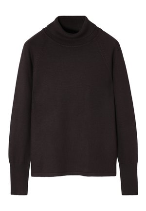 Pulover tricotat de culoare maro închis, cu guler înalt cu nervuri, mâneci raglan și manșete cu nervuri. Textură netedă, design simplu, fără modele sau accente.
